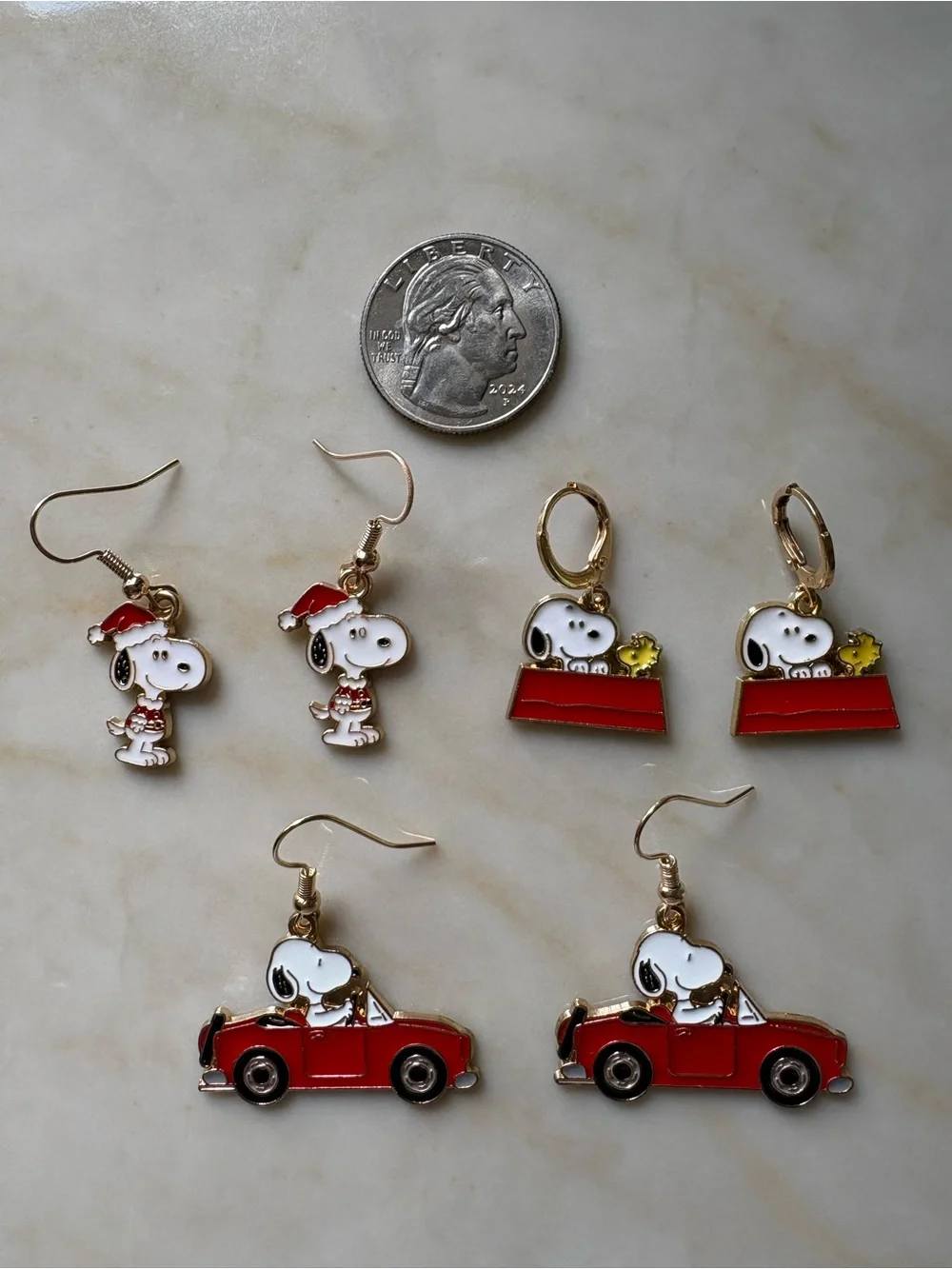 Christmas Snoopy Red & White Enamel Charm Earring Set - 3 Pairs